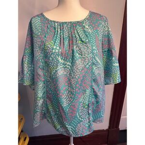 Mary Square Teal Pink Abstract Scallop Trim Bell Sleeve Blouse XL RN151212